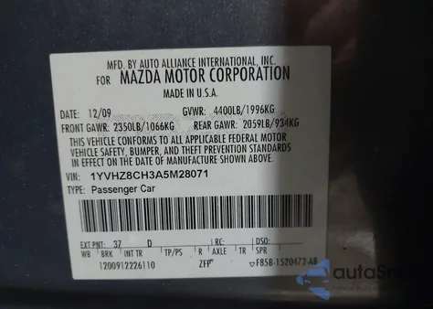 2010 Mazda Mazda6 I Touring из США, поврежденный, VIN 1YVHZ8CH3A5M28071